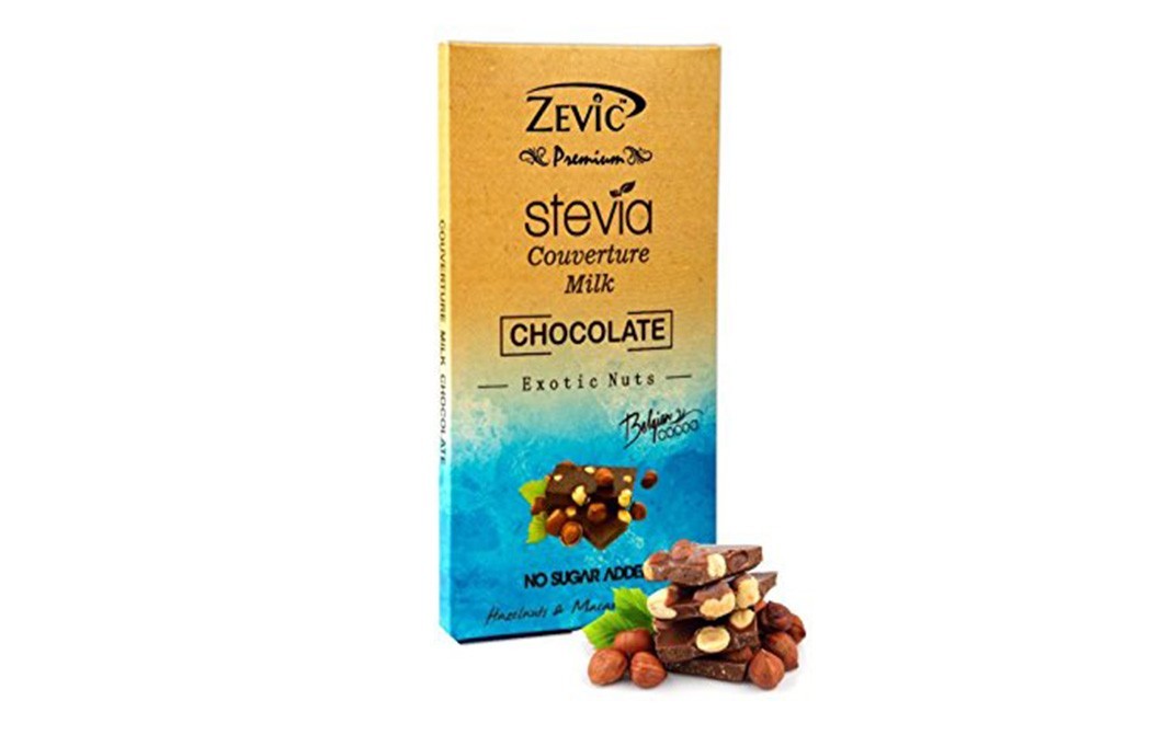 Zevic Stevia Couverture Milk Chocolate - Exotic Nuts, Belgian Cocoa   Box  90 grams